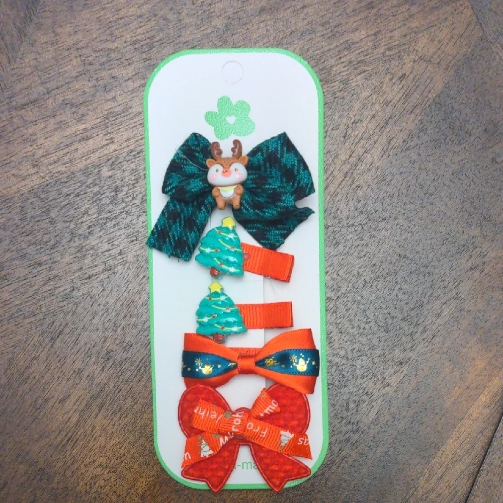 Hair Clip Set - Green and Red Christmas Trees and Reindeer set of 5 clips